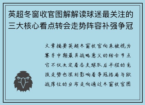 英超冬窗收官图解解读球迷最关注的三大核心看点转会走势阵容补强争冠