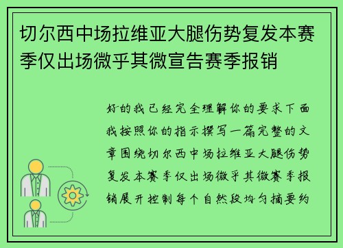 切尔西中场拉维亚大腿伤势复发本赛季仅出场微乎其微宣告赛季报销
