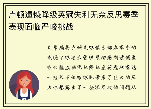 卢顿遗憾降级英冠失利无奈反思赛季表现面临严峻挑战